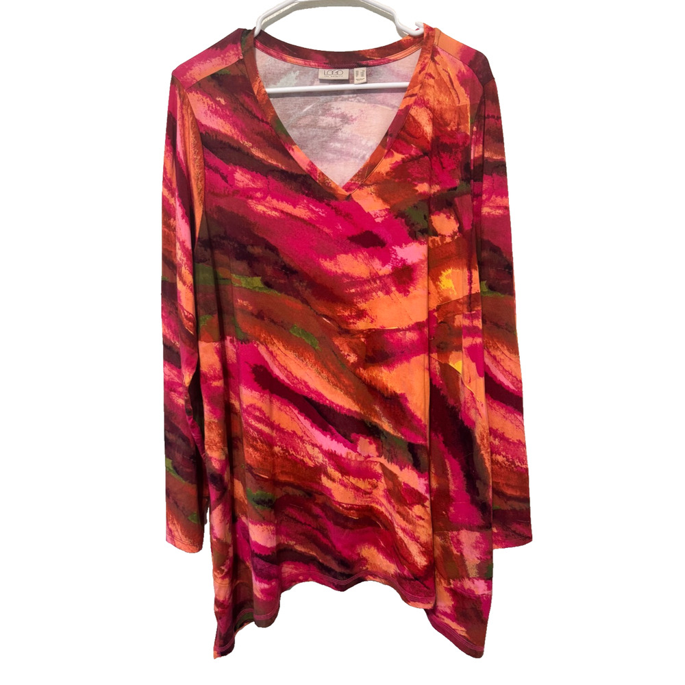 LOGO Lori Goldstein Women's Top Tunic 1X Plus Abstract Asymmetric Stretch Artsy
